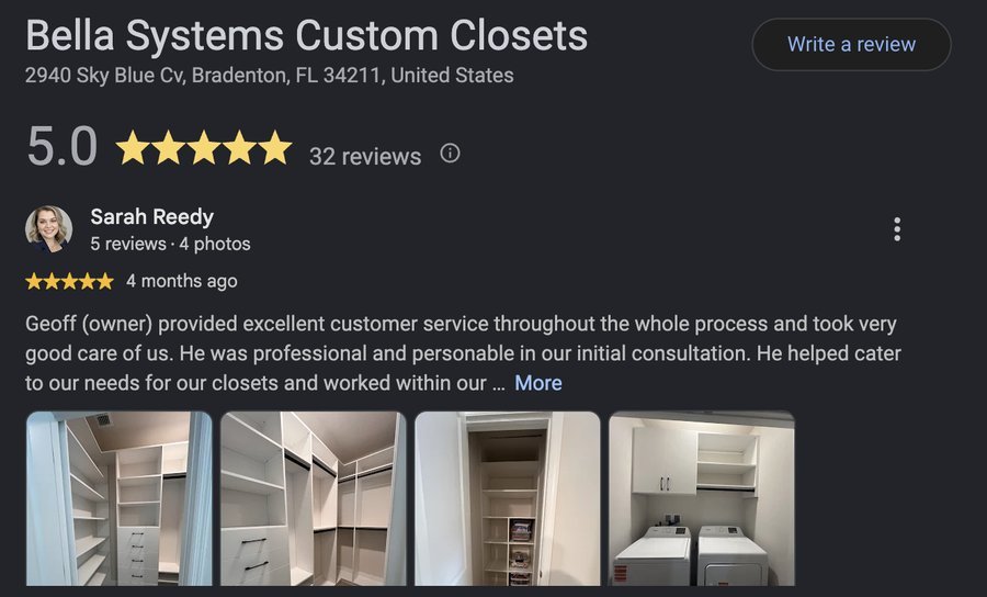 Google review of Bella Systems Custom Closets